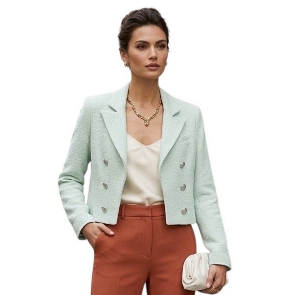 House of Harlow 1960 Cropped Tweed Double-Breasted Blazer Pastel Mint Green XS